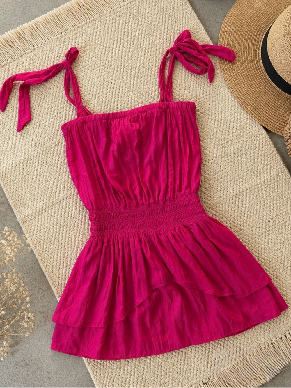Ramy Brook Silk Tie-Shoulder Tiered mini dress in Fuchsia